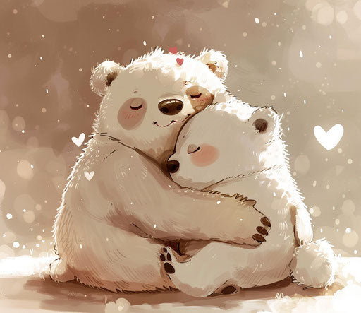 Embracing two little bears with hearts on top of the bears, animated gifs style