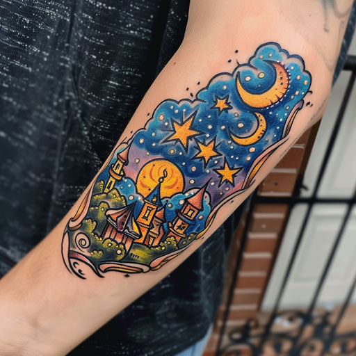 Vibrant starry night sky with dream symbols