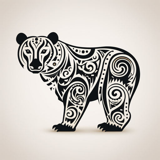 Black ornate design on white background shaped like bear