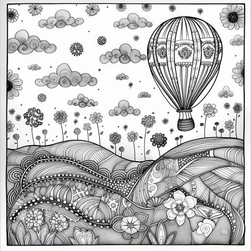 Balloon in a dreamy landscape, Mindy Sommers style, coloring page