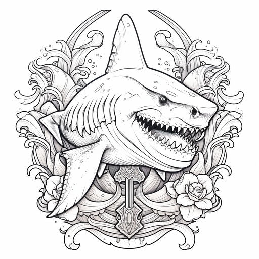 Shark holding a sword on a coloring page