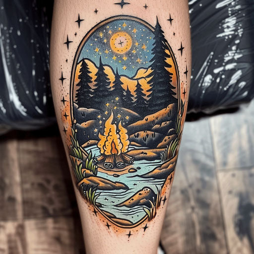 Bold and dark flat tattoo sketch with a riverside campfire and starry sky