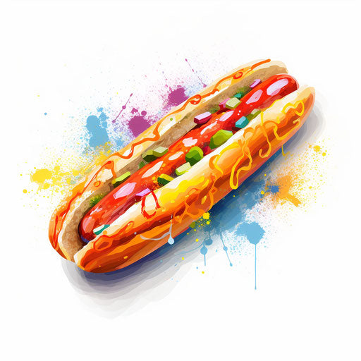 Hot dog illustration in the style of Impressionistic Art, on white background