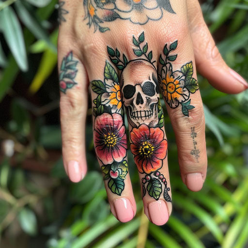 Finger tattoos for women in the style of Ed Hardy with skulls and flowers
