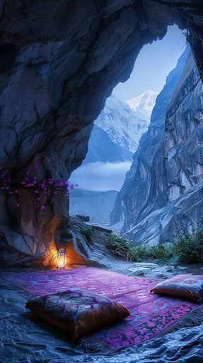 Inner lit retreat cave in the Himalayas overlooking the epic snow mountains, wabi sabi style, moody ambient of early spring