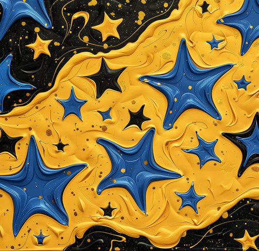 Gold stars with blue stars, cartoonish forms, black and yellow