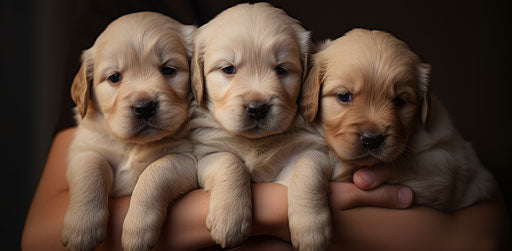 Four golden retriever puppies in a man's arms