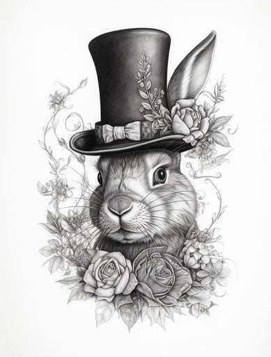 Bunny in a top hat, hand-drawn pencil art