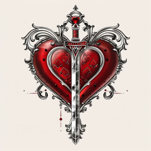 Flat tattoo sketch of a Russian mafia heart with dagger, soft reds and silvers, clipart design