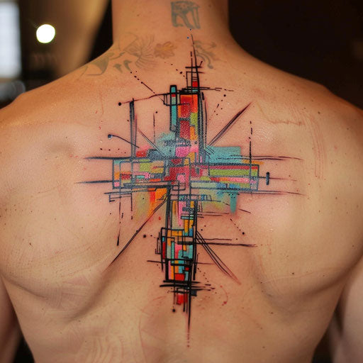Abstract colorful cross tattoo for men, symbolizing faith and strength