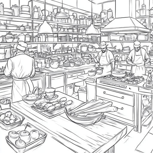 Vibrant modern kitchen: chefs cooking, coloring book page