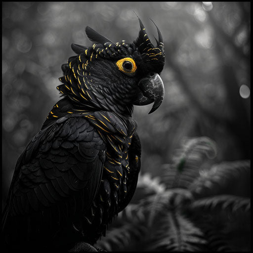 Black cockatoo with yellow tail in calm rainforest