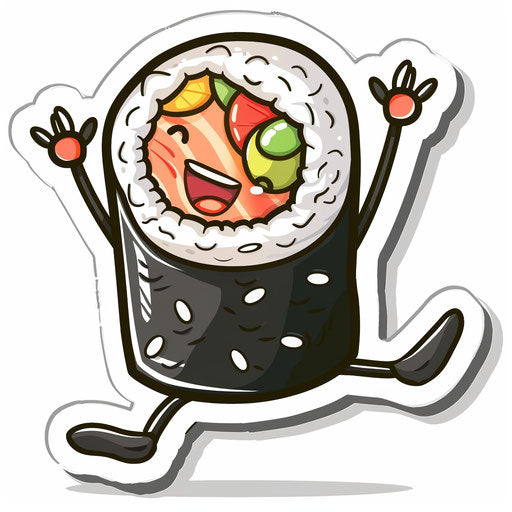 Cute dancing sushi roll character, sticker style