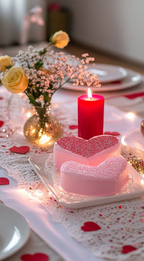 Valentine's Day table setting with heart-shaped cake, flowers and candles