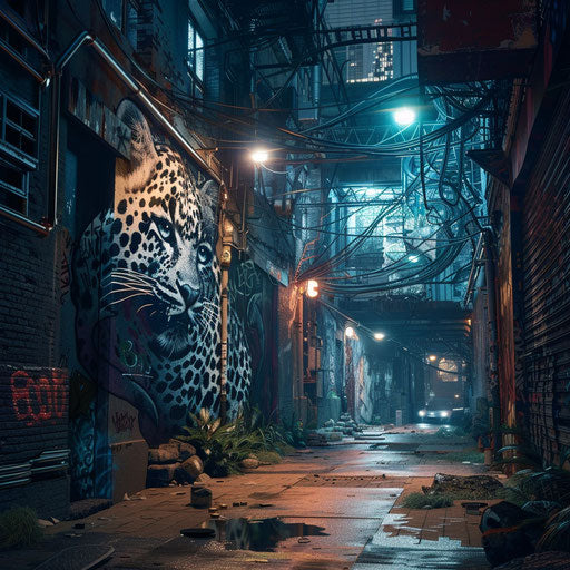 Cyberpunk alleyway with leopard graffiti on the walls