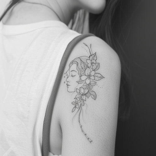 Minimalist black line tattoo sketch of the goddess of love