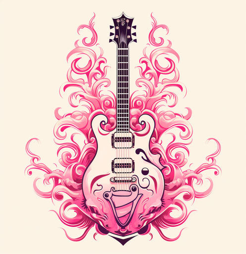 Flaming guitar, light pink, classic tattoo motifs