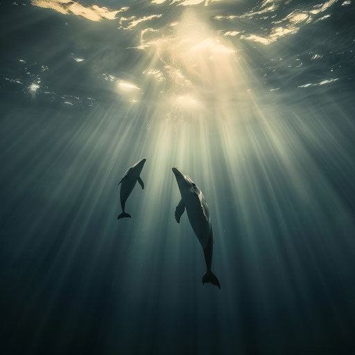 Whales diving deep with sunlight rays filtering through
