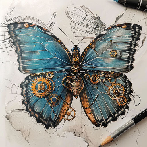 Blue butterfly with steampunk gears and copper tones