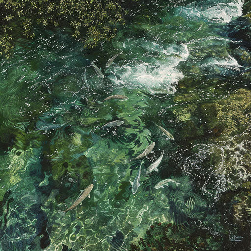 Aerial view of a river with fish darting