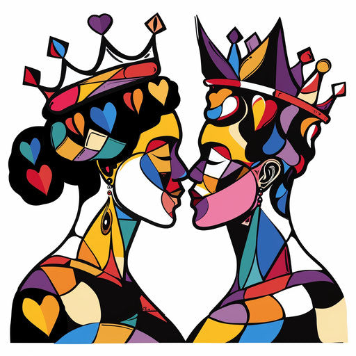Pop art tattoo sketch of a king and queen with vibrant, contrasting color blocks, in clipart flat style