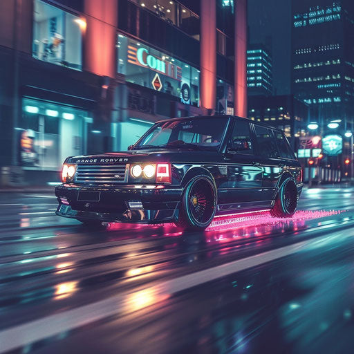 Urban-tuned 1994 Range Rover cruising through city street at night