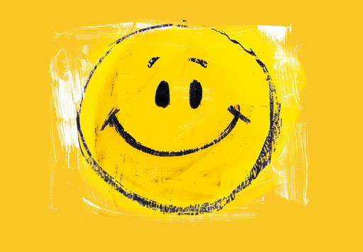 Smiling yellow face on childlike drawing background