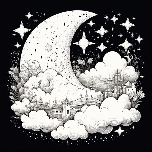 Crescent and stars in an outline drawing