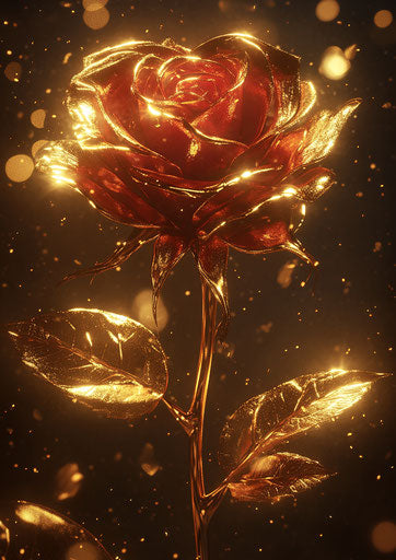 Rose with golden leaves and petals on gold dust background