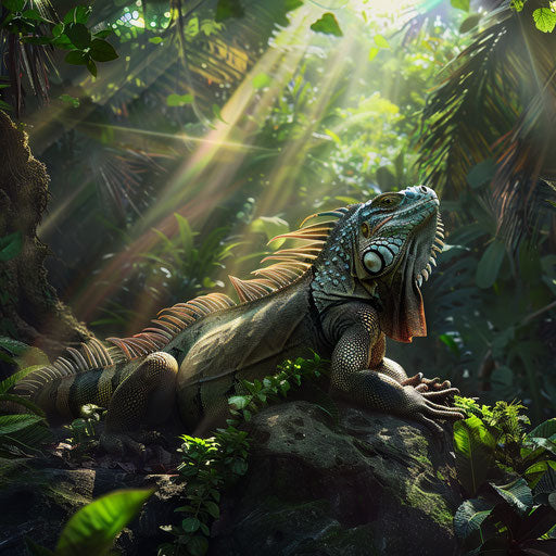 Iguana sunbathing on a sunlit rock in a lush rainforest