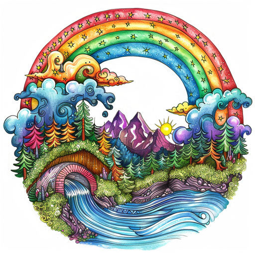 Sketch of an adventurous rainbow tattoo in clipart style
