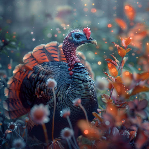 Wild turkey surrounded by dew-covered plants