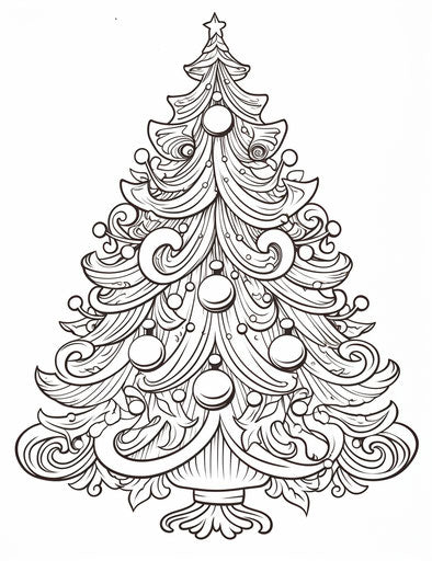 Christmas tree coloring pages for kids for free, in the style of rococo ornamentation