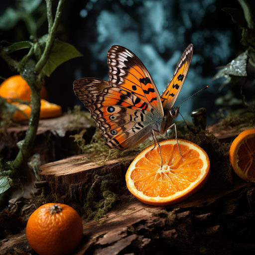 Orange butterfly on wood, in the style of Dimitry Roulland