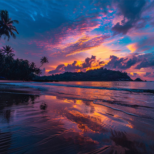 Palolem Beach, India at sunset with vibrant colors reflecting on the ocean