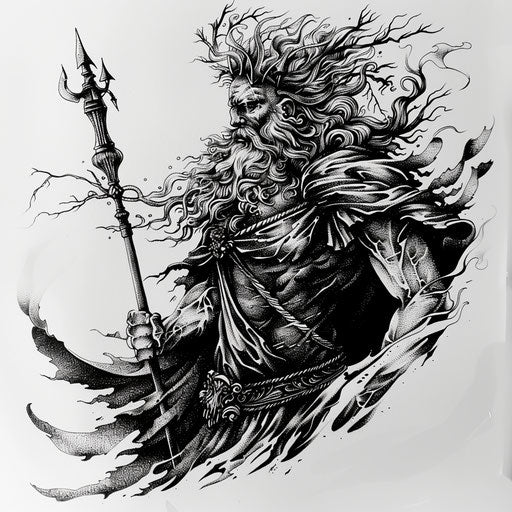 Detailed black and grey tattoo design of Hades, Greek god of the underworld, on white background