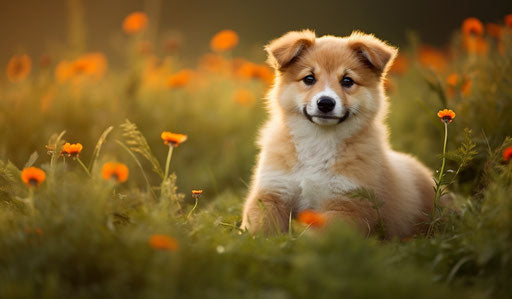 Puppy sitting with orange flowers in the grass