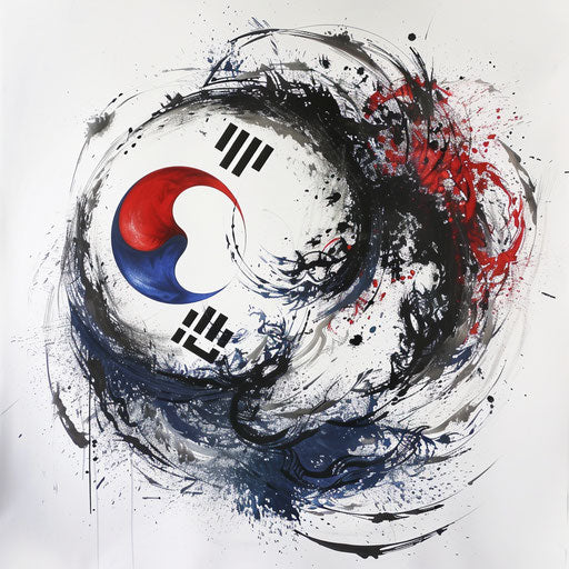 Korean flag and symbols, tattoo style, white canvas