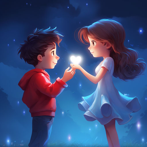 A man points out a heart to a girl, light red and light blue style, cute and dreamy