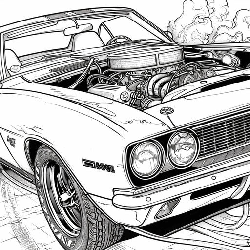 Detail of muscle car with powerful engine. Coloring book page
