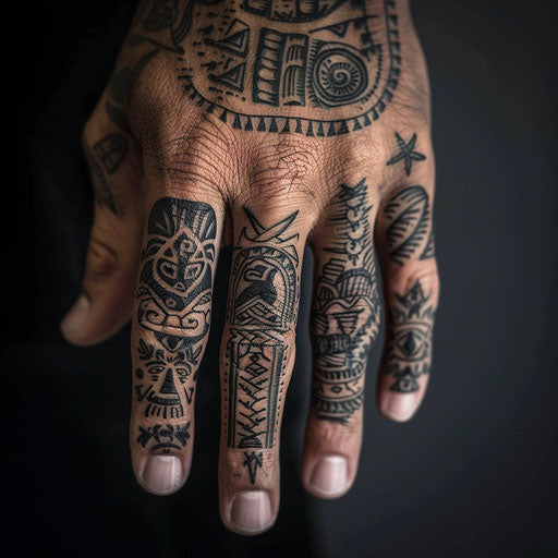 Ring finger tattoos with tribal elements