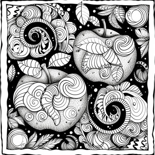 Apple-themed Zentangle pattern with swirls and shapes