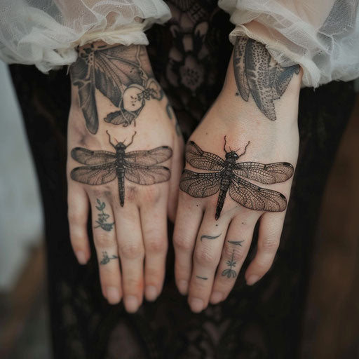 Small dragonfly hand tattoos, in Maria Sibylla Merian style