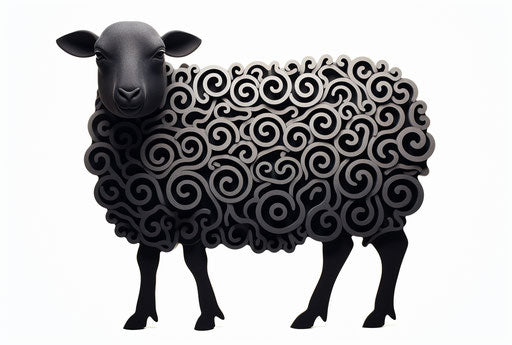 Simple black sheep, ornamental abstraction style, spirals, shadow
