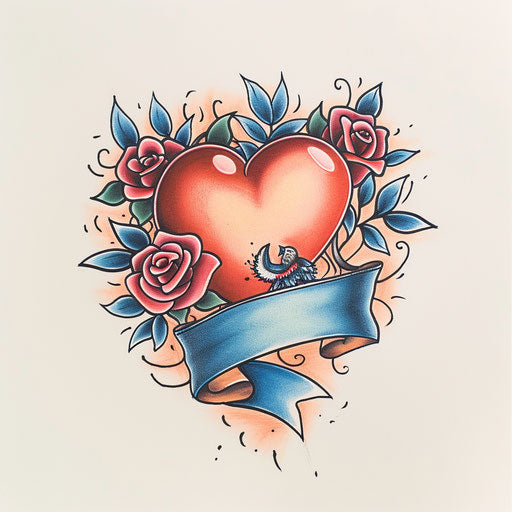 Traditional tattoo design with heart, banner, and roses
