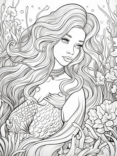 Coloring pages of the little mermaid, playful and colorful style