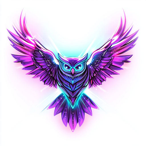 Owl chest tattoo neon color lines glow white background