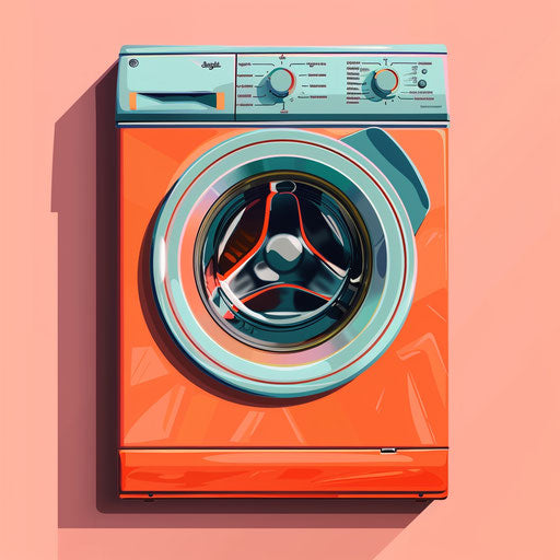 Realistic washing machine illustration on vibrant coral backdrop