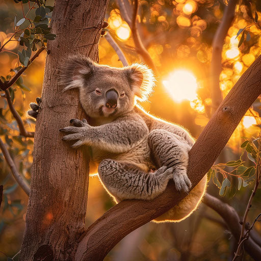 Koala lounging in eucalyptus tree, golden hour