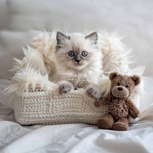 Himalayan kitten in a tiny bed with a soft toy bear